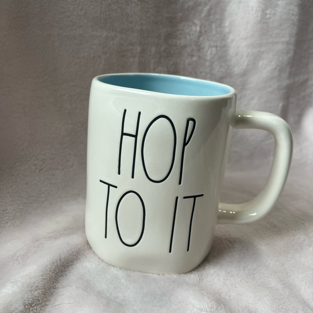Rae Dunn Hop To It Easter Holiday Coffee Mug. NWT. White with Blue Interior.